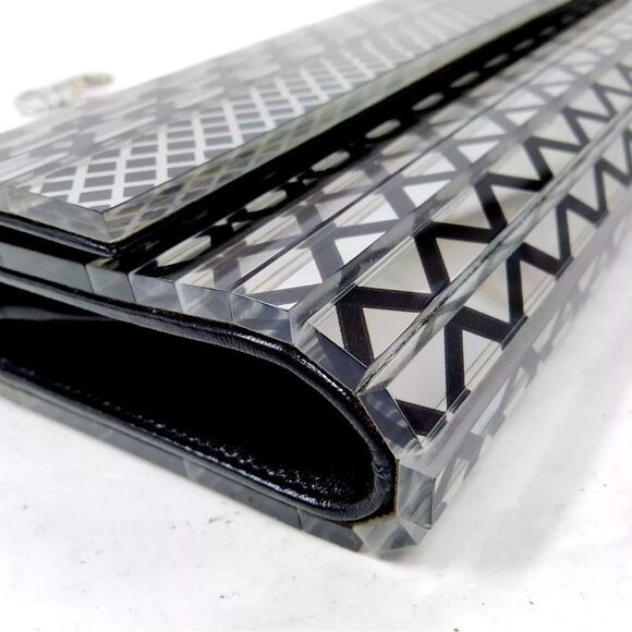 Auth Jimmy Choo Black & Clear Diamond Print Acrylic Sweetie Clutch Silver Chain - Picture 7 of 12